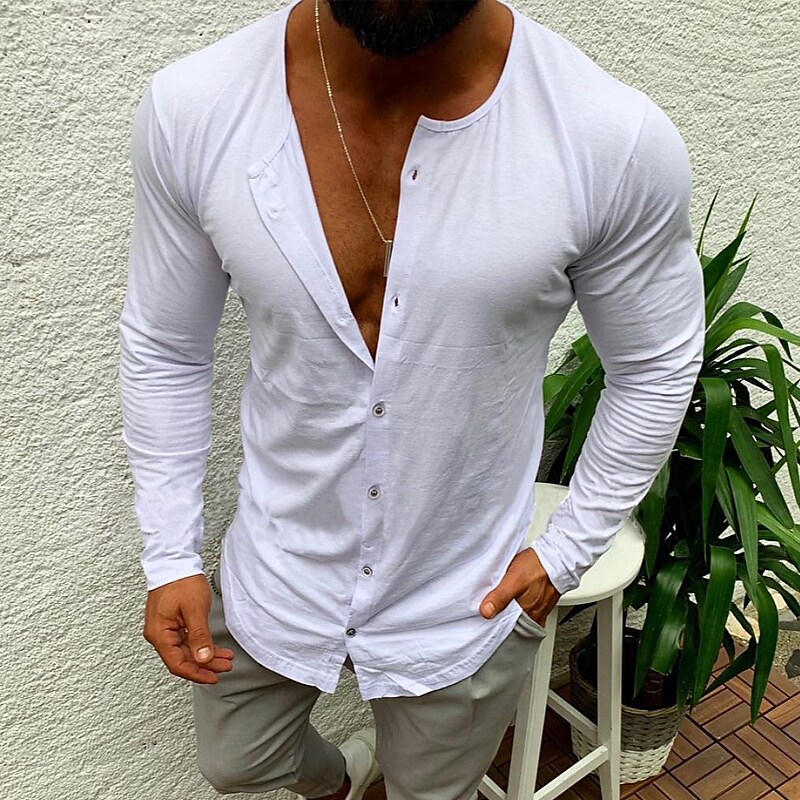 Men's Casual Long Sleeve Cotton Collar Lightweight Muscle Shirt