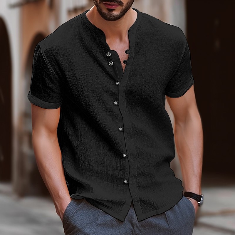 Men's Linen Shirt Summer Beach Shirt Short Sleeve Plain Band Collar Summer Casual Daily Shirt 