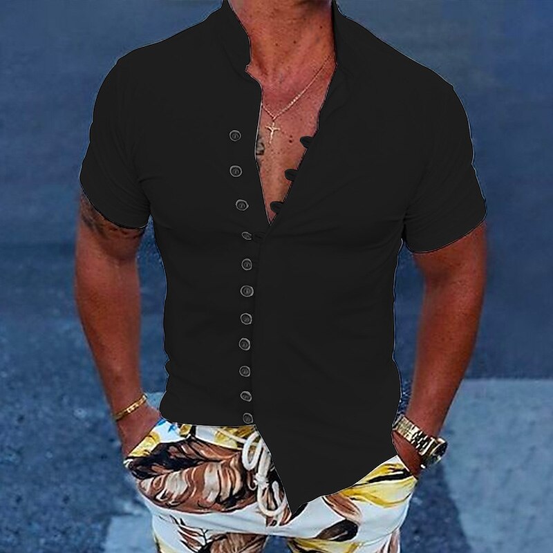 Men's Button Up Casual Summer Beach Shirt Short Sleeve Plain Stand Collar Daily Vacation Fashion Comfortable Shirt 