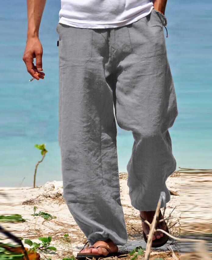 Men's Wide Leg Solid Color Comfy Breathable Casual High Waist Linen Pa