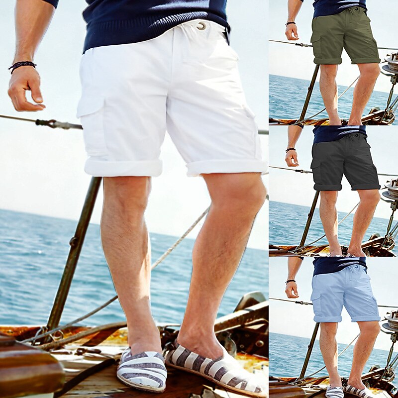 Men's Shorts Linen Shorts Summer Shorts Beach Shorts Drawstring Elastic Waist Multi Pocket Plain Comfort Breathable Short Casual Daily Holiday Linen / Cotton Blend Fashion Classic Style Black White