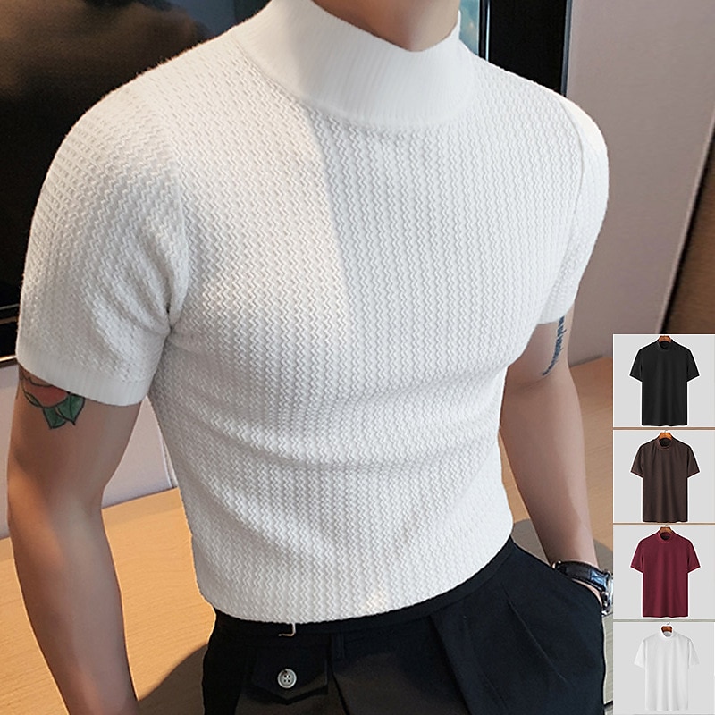 Men's T shirt Tee Tee Top Plain Turtleneck Street Vacation Short Sleeves Knitting Clothing Apparel Fashion Designer Basic Top