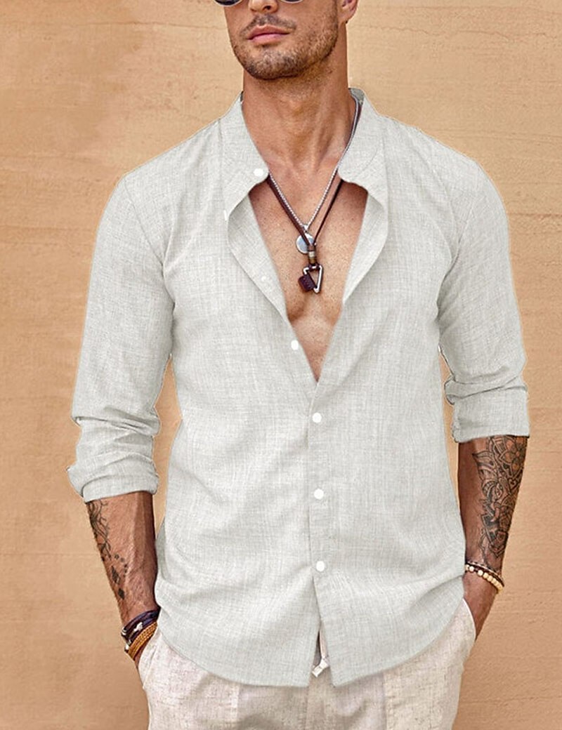 Men's Linen Button Up Summer Shirt Beach Shirt Black White Blue Long Sleeve Plain Band Collar Casual Daily Clothing Apparel Top