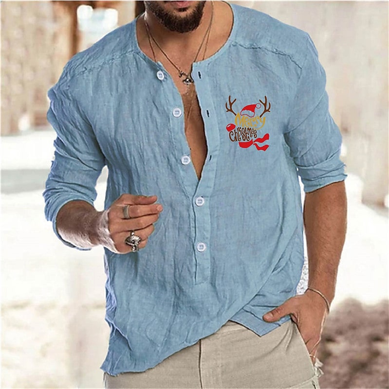 Men's Solid Color Christmas Print Collar Outdoor Long Sleeve Shirt