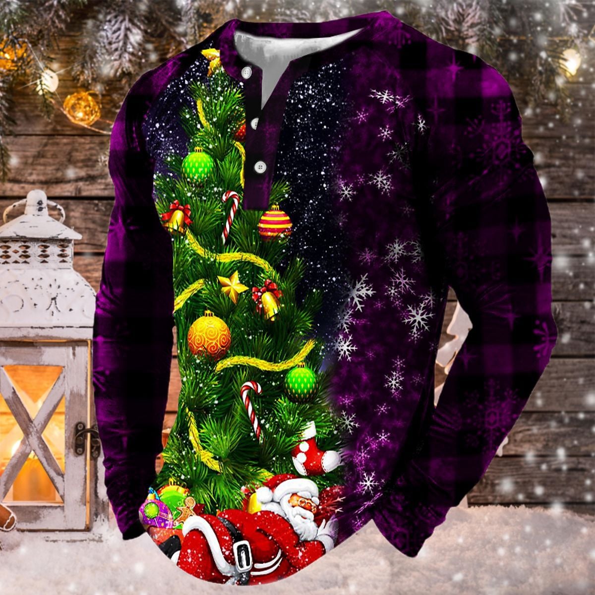 Men's Casual 3D Print Christmas Button Long Sleeve Henley Shirt