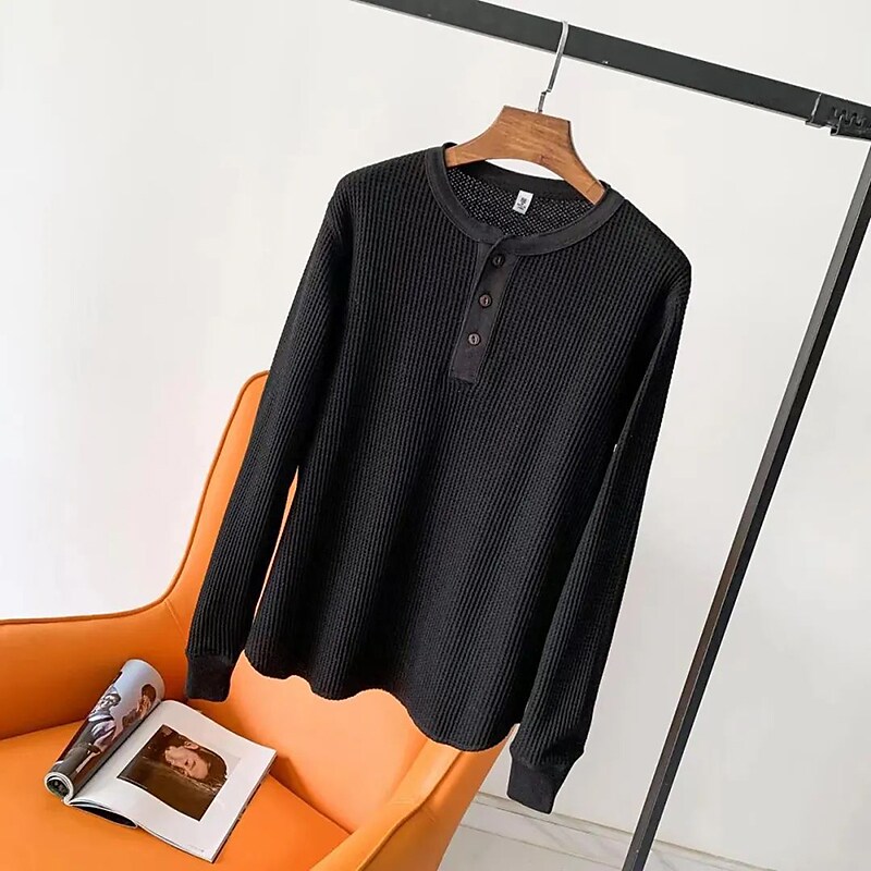 Men's Casual Solid Color Button-Down Long Sleeve Round Neck Shirt