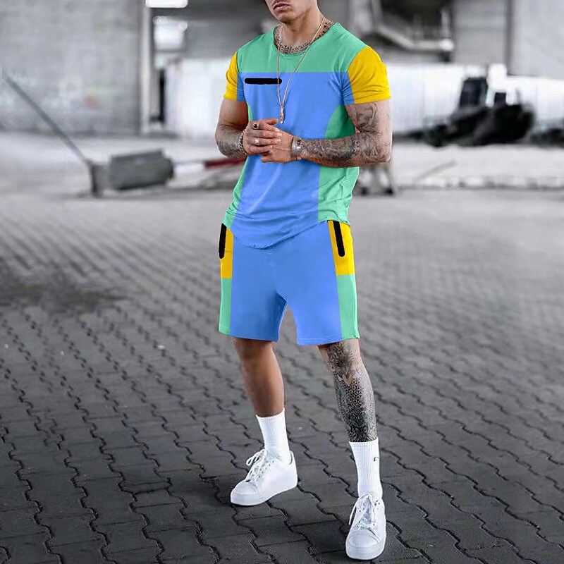 Men's Shorts and T Shirt Set Outfits Block Crew Neck Print Outdoor Dai