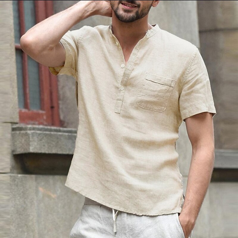 Men's Linen Shirt Summer Shirt Beach Shirt Black White Pink Short Sleeve Plain Collar Daily Leisure Sports Clothing Apparel Top