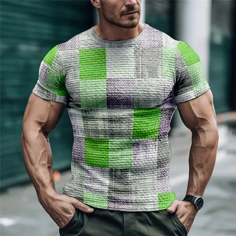 Men's T shirt Tee Waffle T Shirt Graphic Color Block Plaid / Check Crew Neck 3D Print Outdoor Street Short Sleeve Casual Top