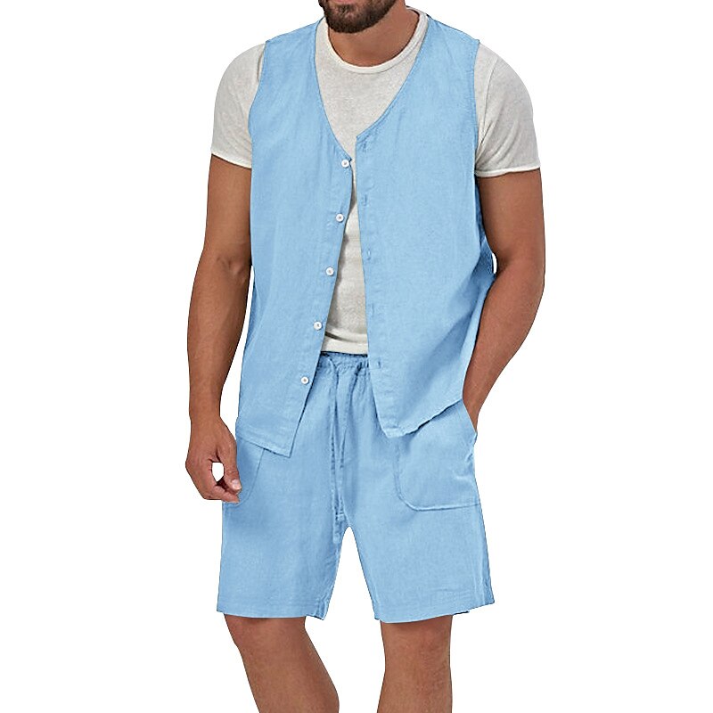 Men's 2 Piece Casual Beach Shirt Sleeveless Plain V Neck Street Vacation Shirt 