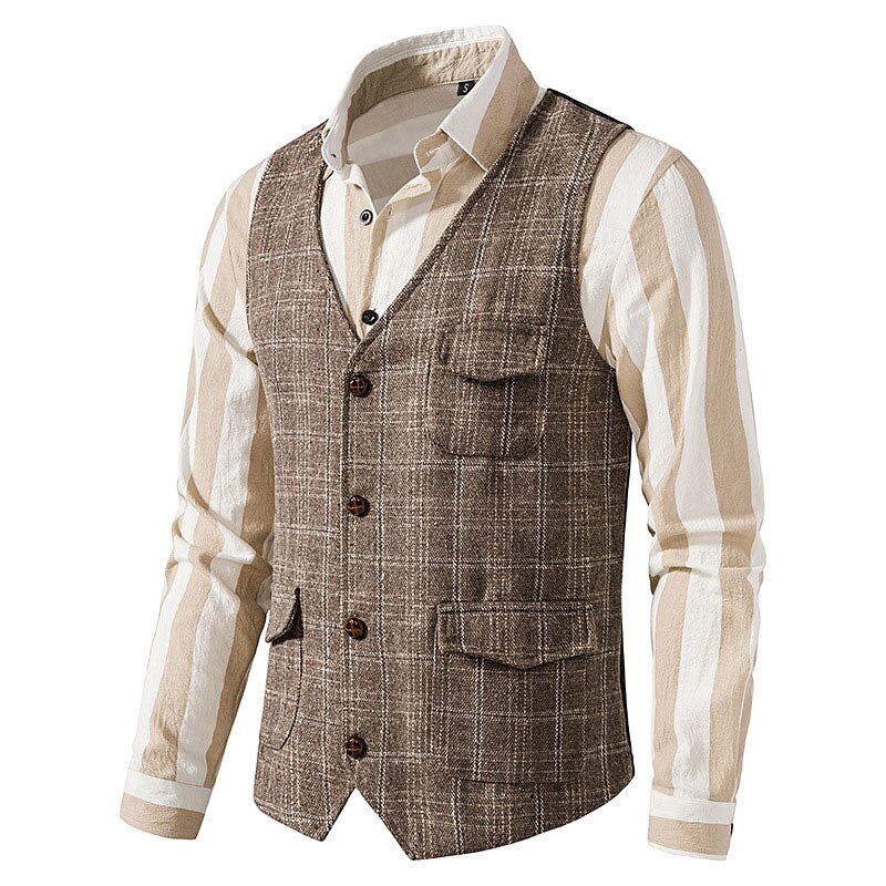 Men's Vest Waistcoat Comfortable Daily Wear Vacation Going out Single Breasted Lapel Vintage Basic Jacket Outerwear Plaid Button 