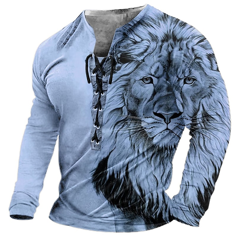 Men's T shirt Tee Tee Graphic Lion Collar 3D Print Casual Daily Long Sleeve Lace up Print Fashion Designer Comfortable