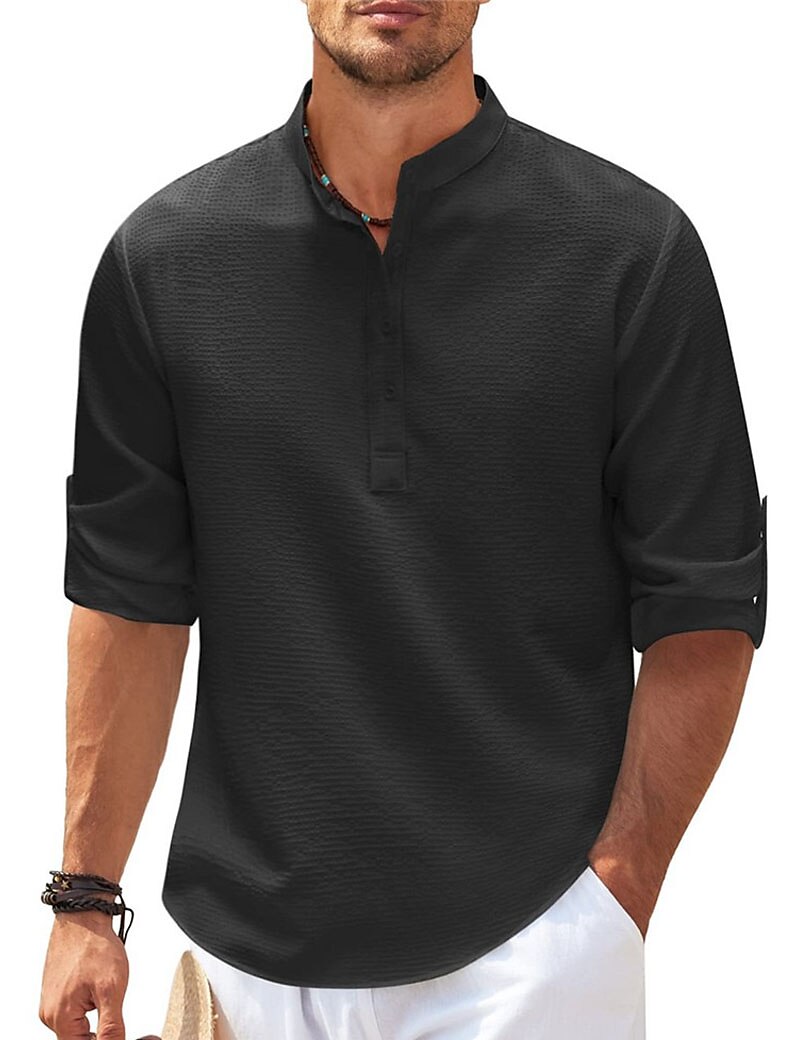Men's Shirt Casual Shirt Summer Shirt Beach Shirt Henley Shirt Black White Blue Green khaki Long Sleeve Plain Henley Daily Vacation Clothing Apparel Fashion Casual Comfortable