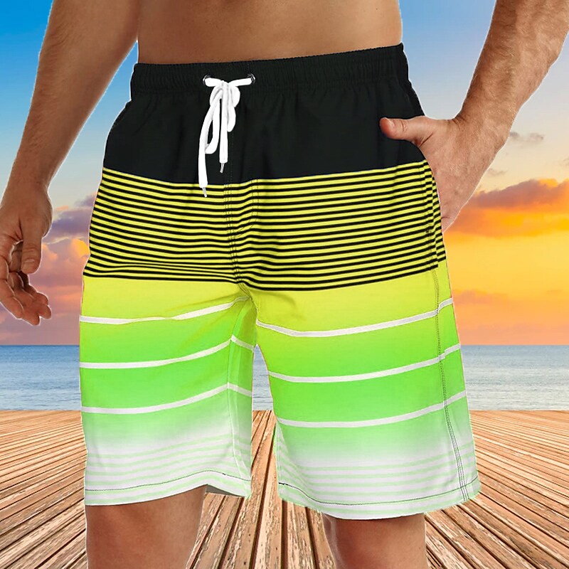 Men's Swim Trunks Summer Shorts Bermuda Drawstring with Mesh lining Elastic Waist Graphic Stripe Breathable Soft Casual Short 