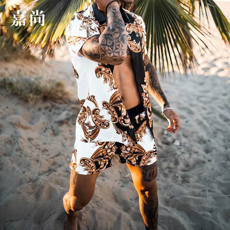 Men's Two Pieces Set Hawaiian Shirt Aloha Shirt Floral Turndown 3D Pri