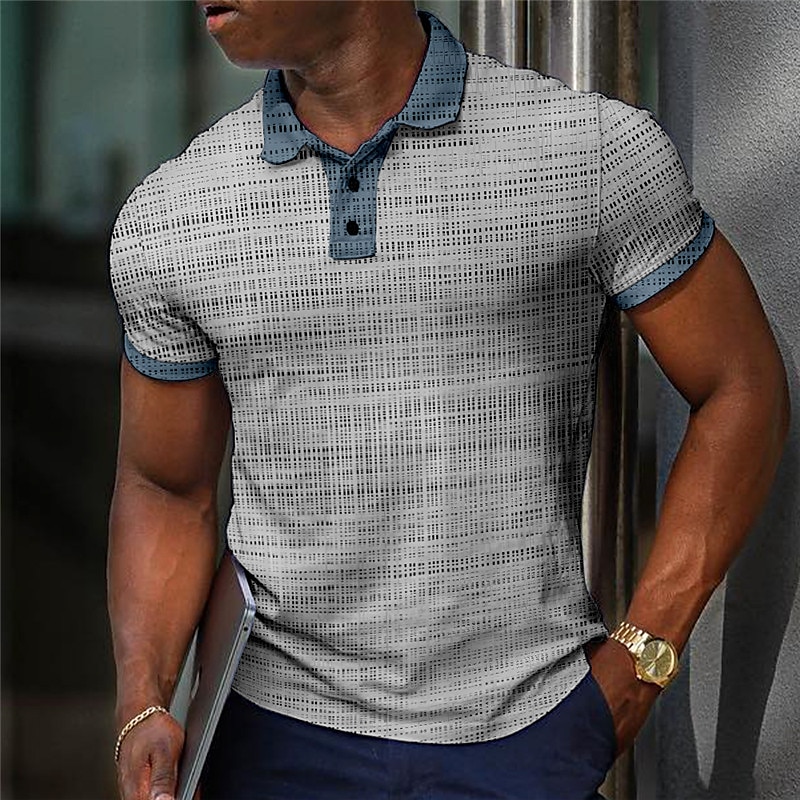 Men's Button Up Polos Lapel Polo Shirt Golf Shirt Striped Plaid / Check Graphic Prints Geometry Turndown  Outdoor Street Short Sleeves Print Sports Fashion
