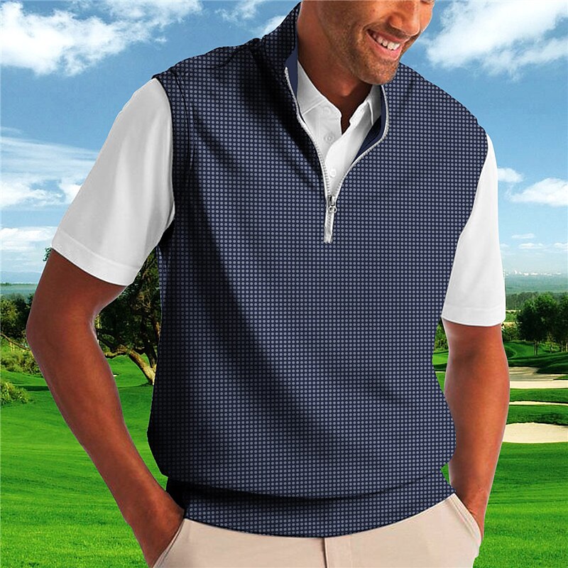 Men's Polo Shirt Plaid Turndown  Print Casual Daily Sleeveless Zipper Print  Fashion Casual Golf Shirt