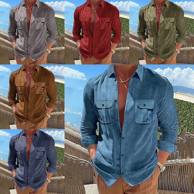 Men's Shirt Jacket Shacket Overshirt Wine Blue Brown Long Sleeve Plain Lapel Outdoor Daily Pocket Shirt 