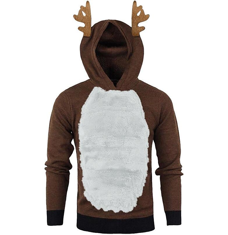 Men's Christmas Antlers Plus Fluff Hooded Color Funny Sweatshirt
