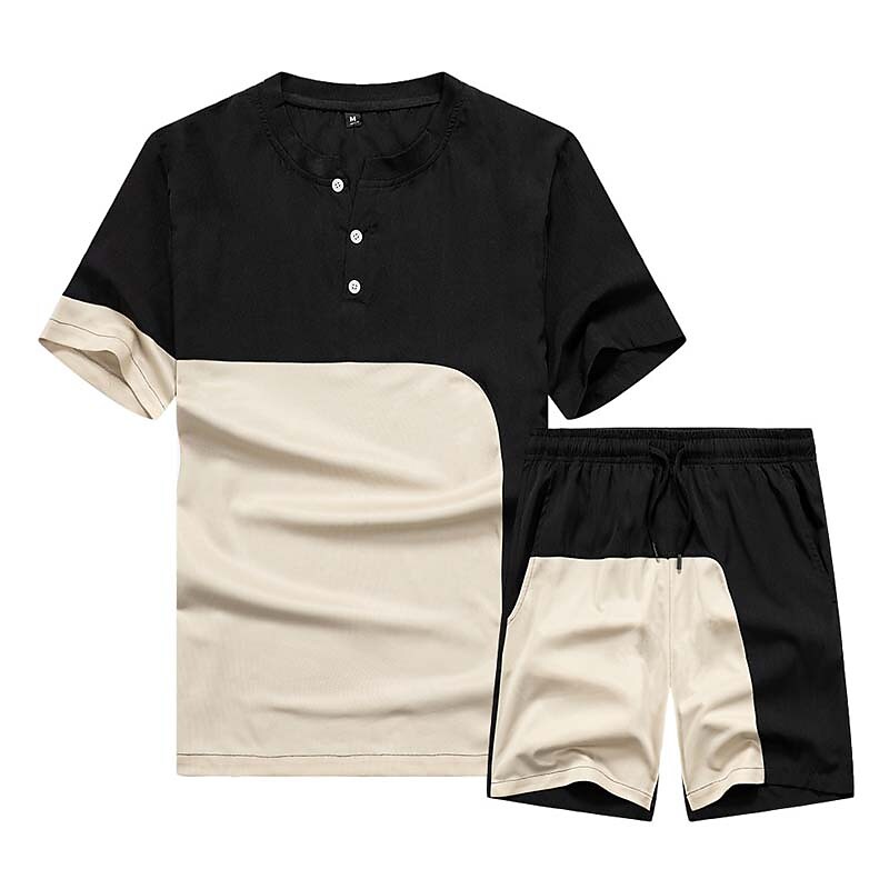 Men's Outdoor Patchwork Button Shirt Elastic Waist Shorts Set