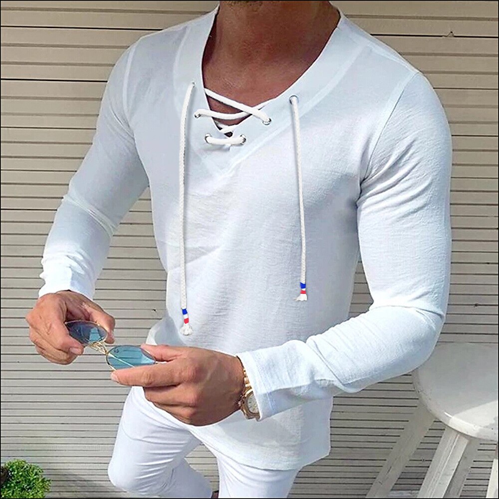 Men's Shirt Long Sleeve Plain Solid Colored V Neck Casual Daily Drawstring Cotton Fashion Casual Breathable Comfortable Top