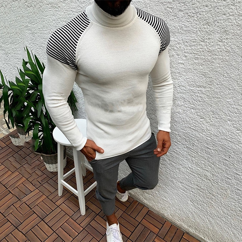 Men's Sweater Pullover Sweater Jumper Ribbed Knit Cropped Knitted Stripes Turtleneck Keep Warm Modern Contemporary Work Daily Wear Clothing Apparel Fall & Winter Black White S M L