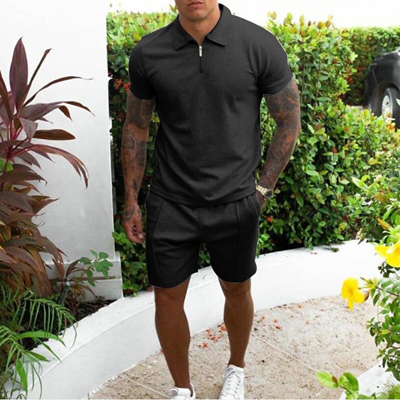Men's Casual Lapel Short Sleeve Shirt Pocket Short Tracksuit