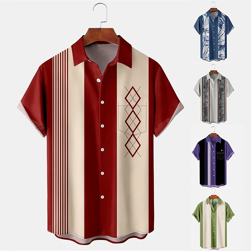 Men's Summer Hawaiian Shirt Bowling Shirt Button Up Shirt Summer Shirt Casual Shirt Light Green Red Dark Navy Royal Blue Blue Short Sleeve Color Block Turndown Street Vacation Button-Down Clothing