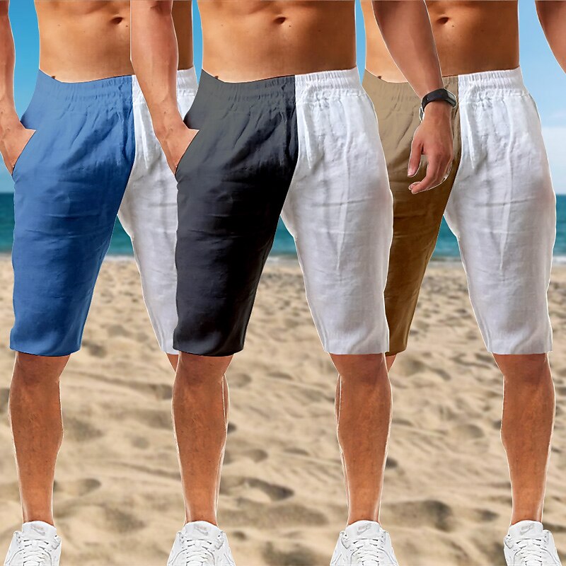 Men's Linen Summer Beach Shorts Pocket Drawstring Color Block Comfort Breathable Short Casual Daily Holiday Fashion Classic Shorts 