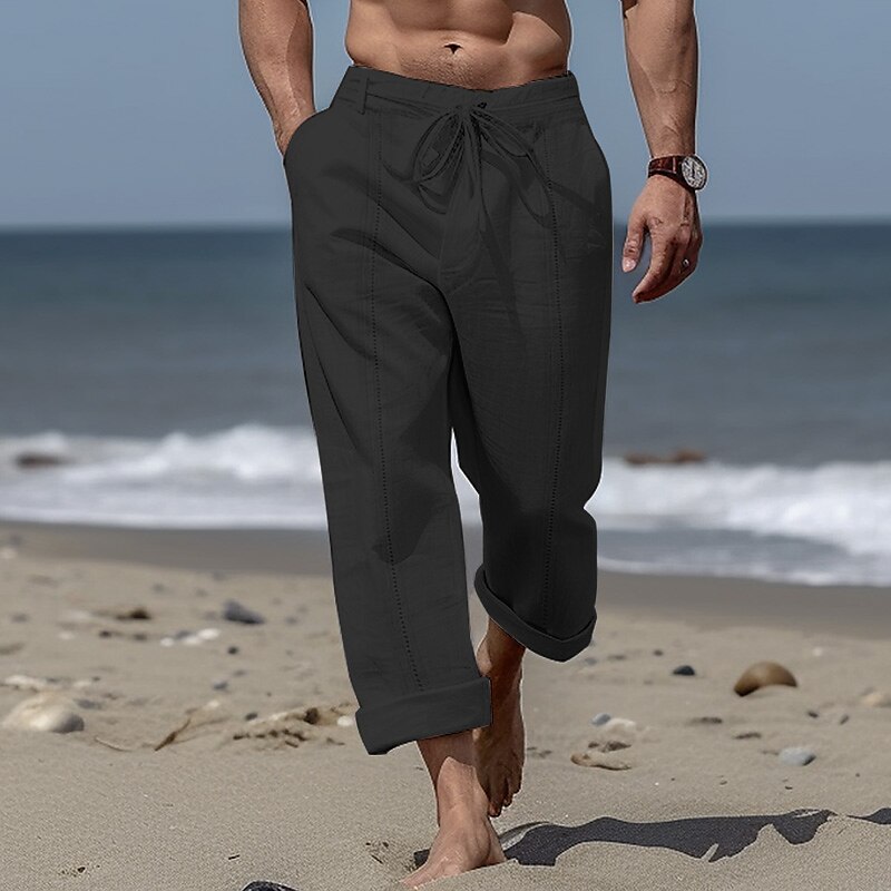 Men's Summer Beach Pants Drawstring Elastic Waist Straight Leg Plain Comfort Breathable Casual Trousers 