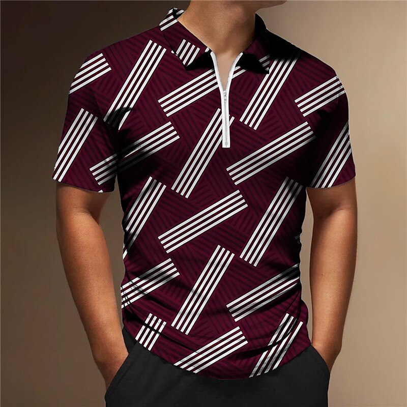 Men's Zip Lapel Polo Shirt Striped Graphic Prints Geometry Turndown  Outdoor Street Short Sleeves Zipper Casual Breathable Golf Shirt 