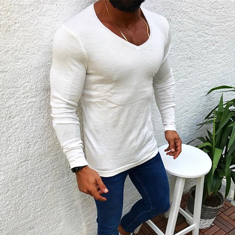 Men's Cropped Knitted Solid Color V Neck Long Sleeve Basic Sweatshirt