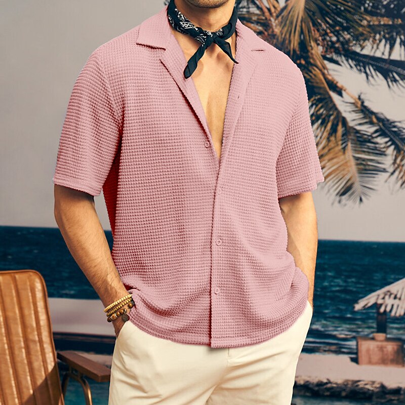 Men's Button Up Casual Shirt Waffle Henley Shirt Short Sleeve Plain Collar Daily Vacation Casual Comfortable Shirt 