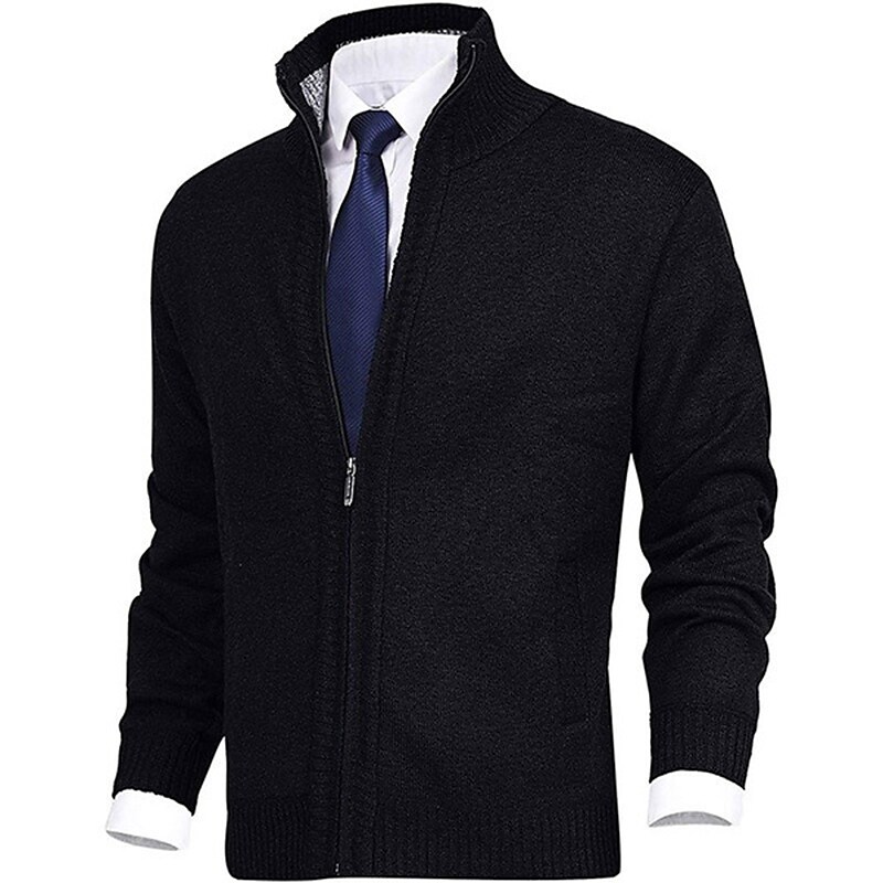 Men's Sweater Cardigan Sweater Zip Sweater Ribbed Knit Zipper Pocket Solid Color Stand Collar Warm Jacket