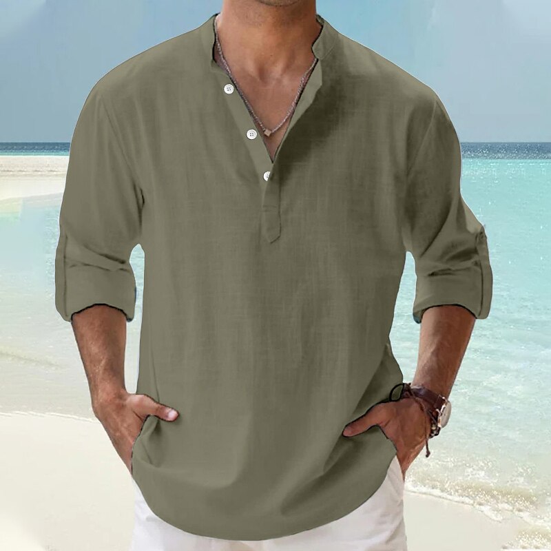 Men's Linen Shirt Popover Shirt Casual Shirt Beach Shirt Black White Pink Long Sleeve Plain Henley Hawaiian Top