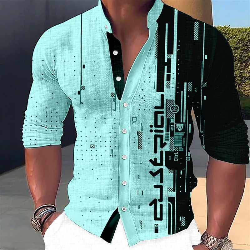 Men's Linen Graphic Prints Geometry Stand Collar Outdoor Street Long Sleeve Linen Fashion Casual Shirt 