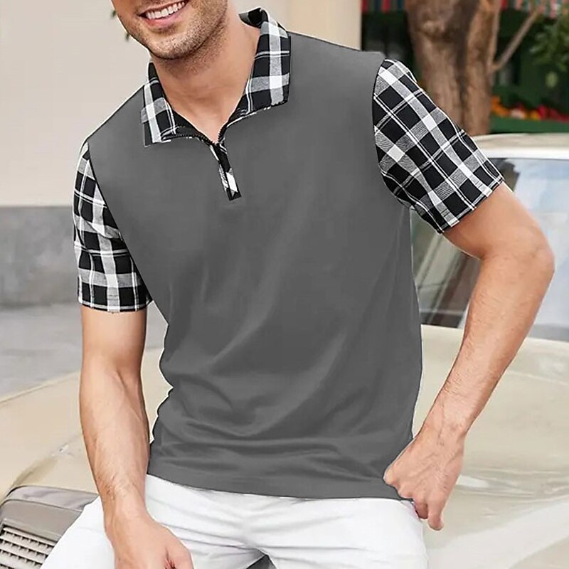 Men's Zip Polo Lapel Golf Shirt Plaid / Check Graphic Prints Turndown  Short Sleeves Print Casual Polo Shirt
