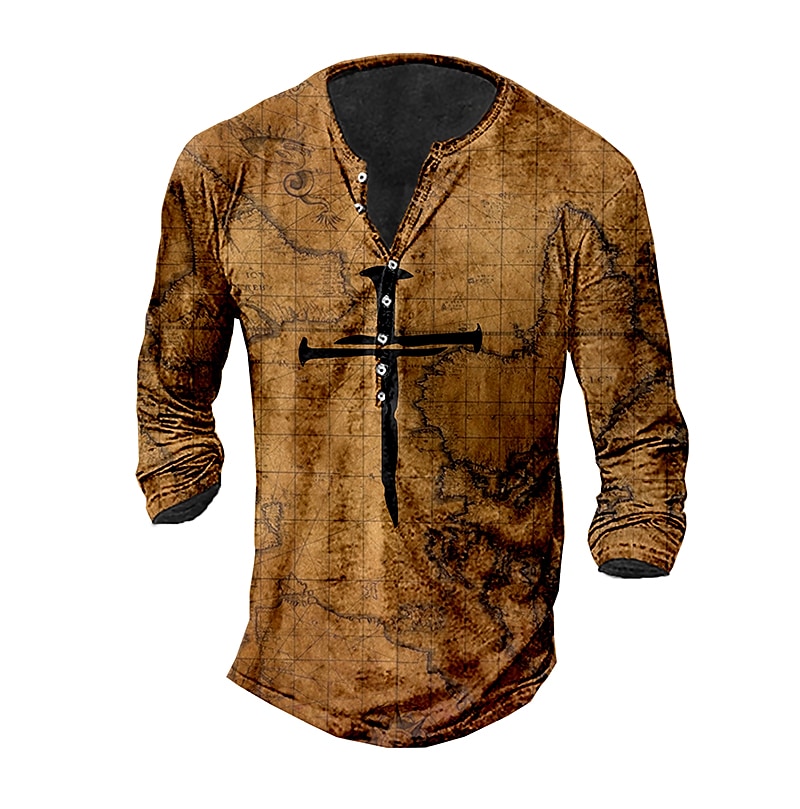 Men's Henley Shirt Graphic Prints Cross Henley  Outdoor Casual Long Sleeve Button-Down Print