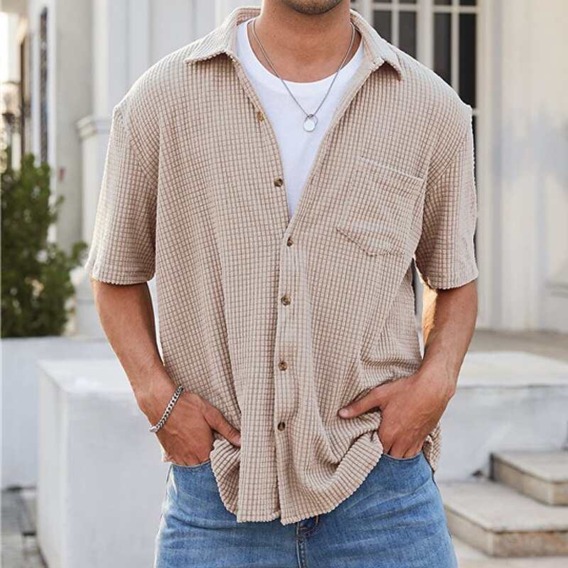 Men's Button Up Casual Summer Waffle Shirt Short Sleeve Plain Lapel Daily Vacation Front Pocket Comfortable Shirt 
