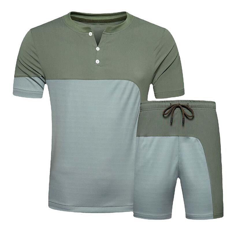 Men's Outdoor Patchwork Button Shirt Elastic Waist Shorts Set