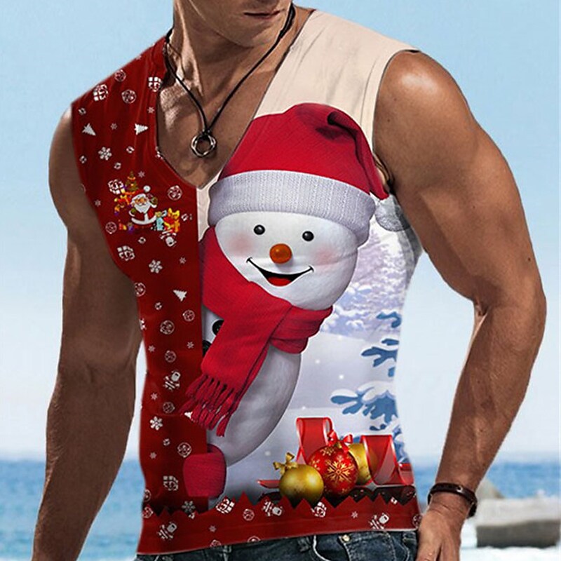 Men's Casual Christmas Snowman Prints V Neck Classic Undershirt