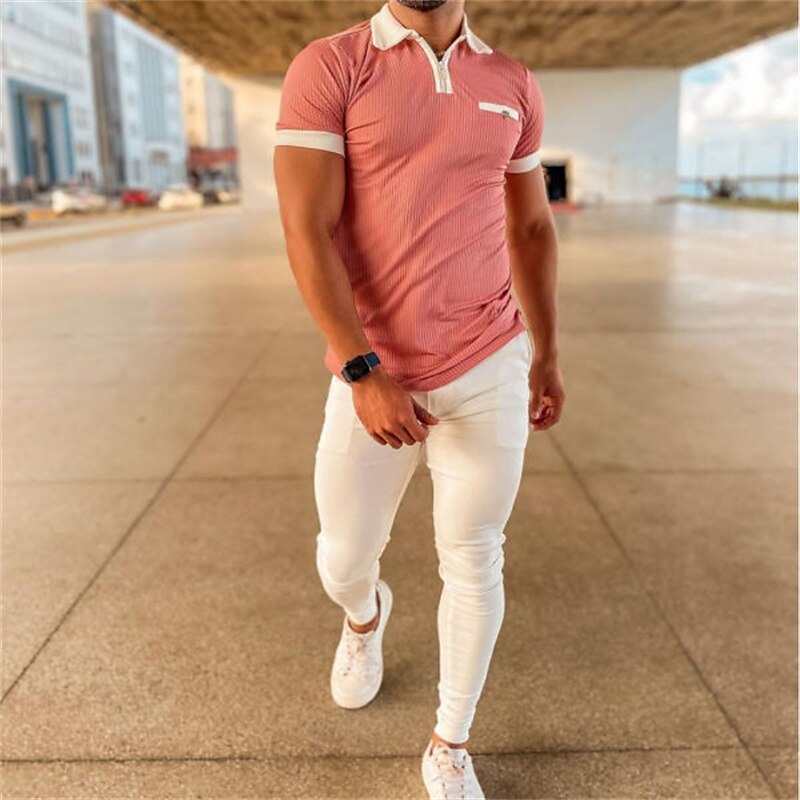 Men's Shirt Polo Shirt Outdoor Street Turndown Quarter Short Sleeve Fashion Casual Solid Colored Zipper Pocket Top