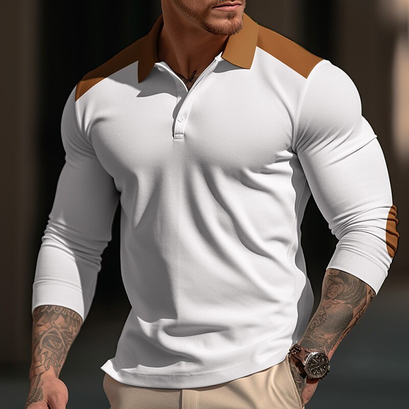 Men's Button Up Polos Polo Shirt Casual Sports Lapel Long Sleeve Fashion Basic Color Block Patchwork Button Up Polos
