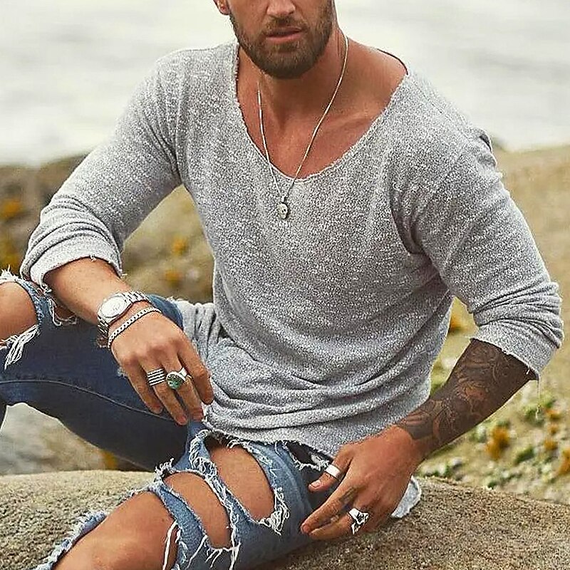 Men's T shirt Tee Tee Knit Tee Long Sleeve Shirt V Neck Street Vacation Long Sleeve Basic Modern Contemporary Top