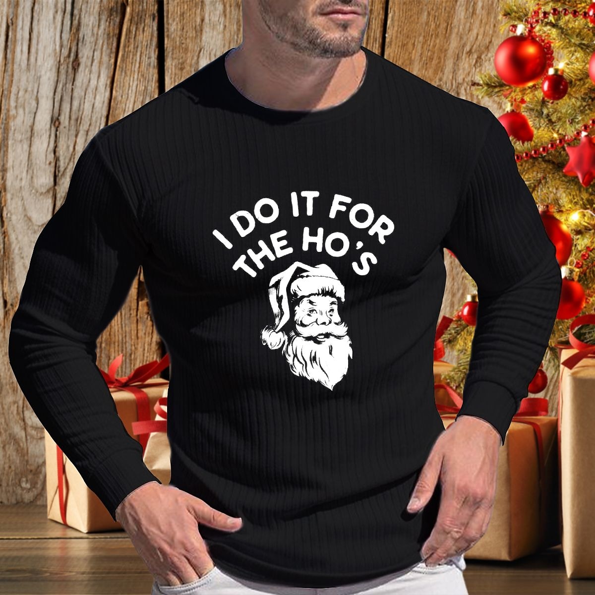 Men's Christmas Letter Print Crew Neck Green Street Long Sleeve Shirt