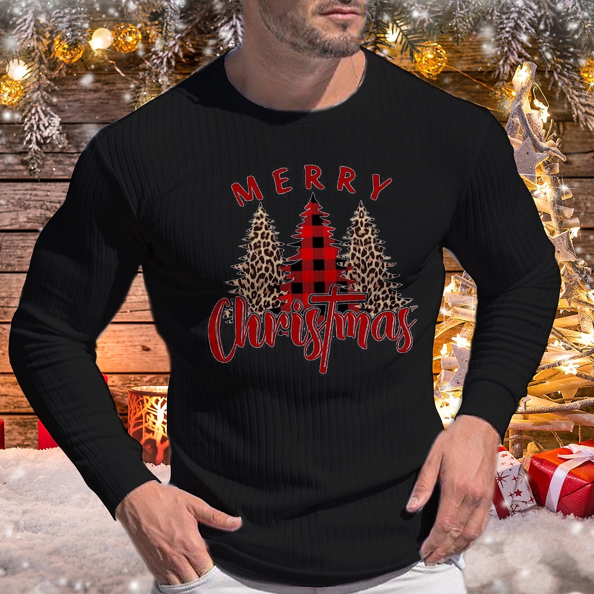 Men's Christmas Print Crew Neck Street Long Sleeve Casual Shirt