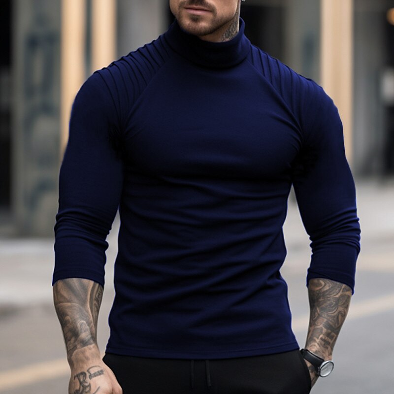 Men's T shirt Tee Tee Top Plain Slim Pleated Turtleneck Street Vacation Long Sleeve Clothing Apparel Fashion Designer Basic Top