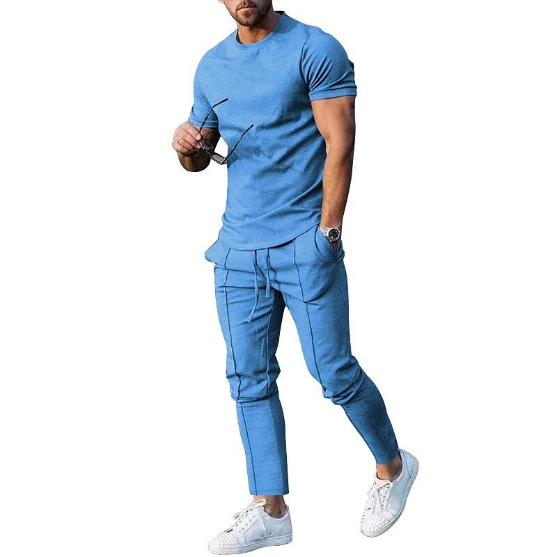 Men's Solid Color Crew Neck Shirt Pocket Elastic Pant Sport Set