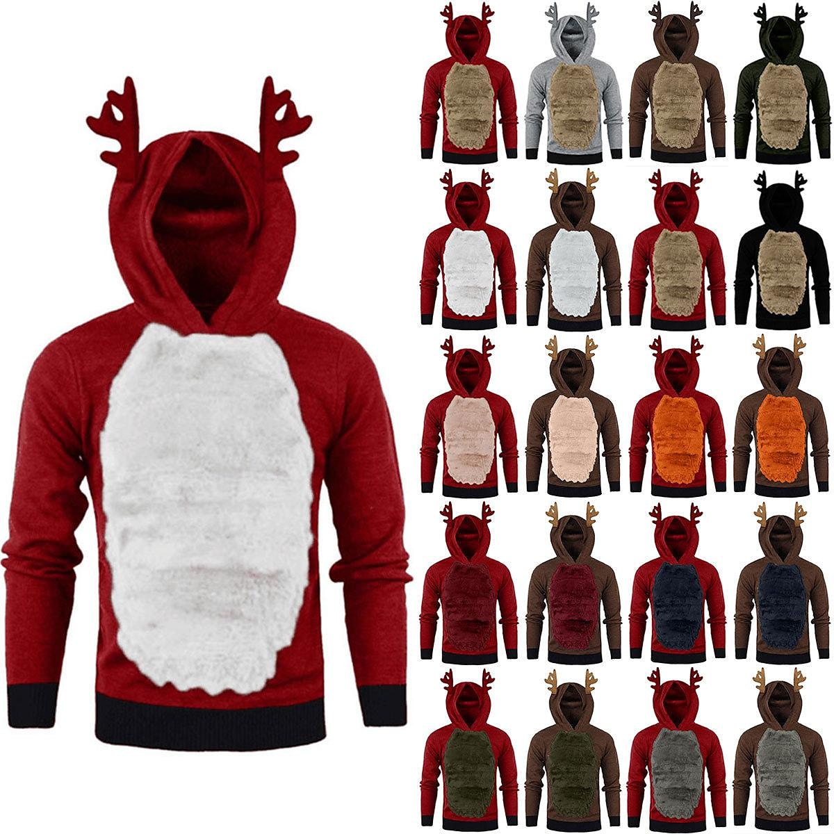 Men's Christmas Antlers Plus Fluff Hooded Color Funny Sweatshirt