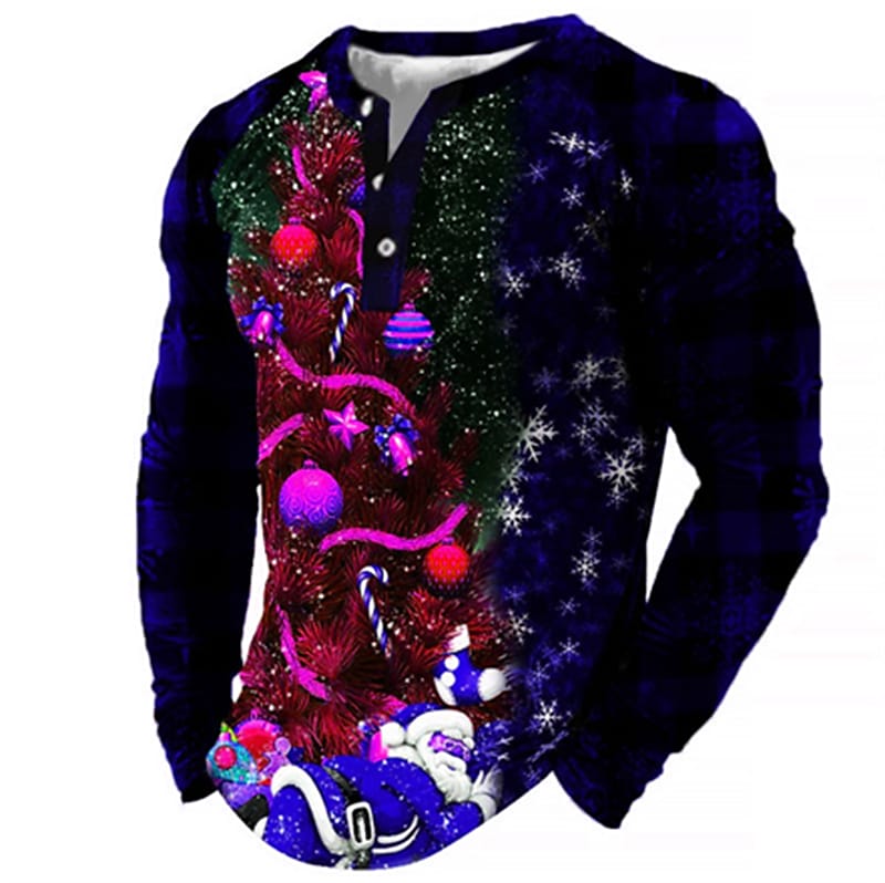 Men's Casual 3D Print Christmas Button Long Sleeve Henley Shirt